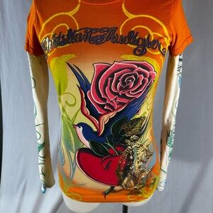 Vintage (Ed Hardy)Christian Audigier Orange Multicolor Graphic Top Tee